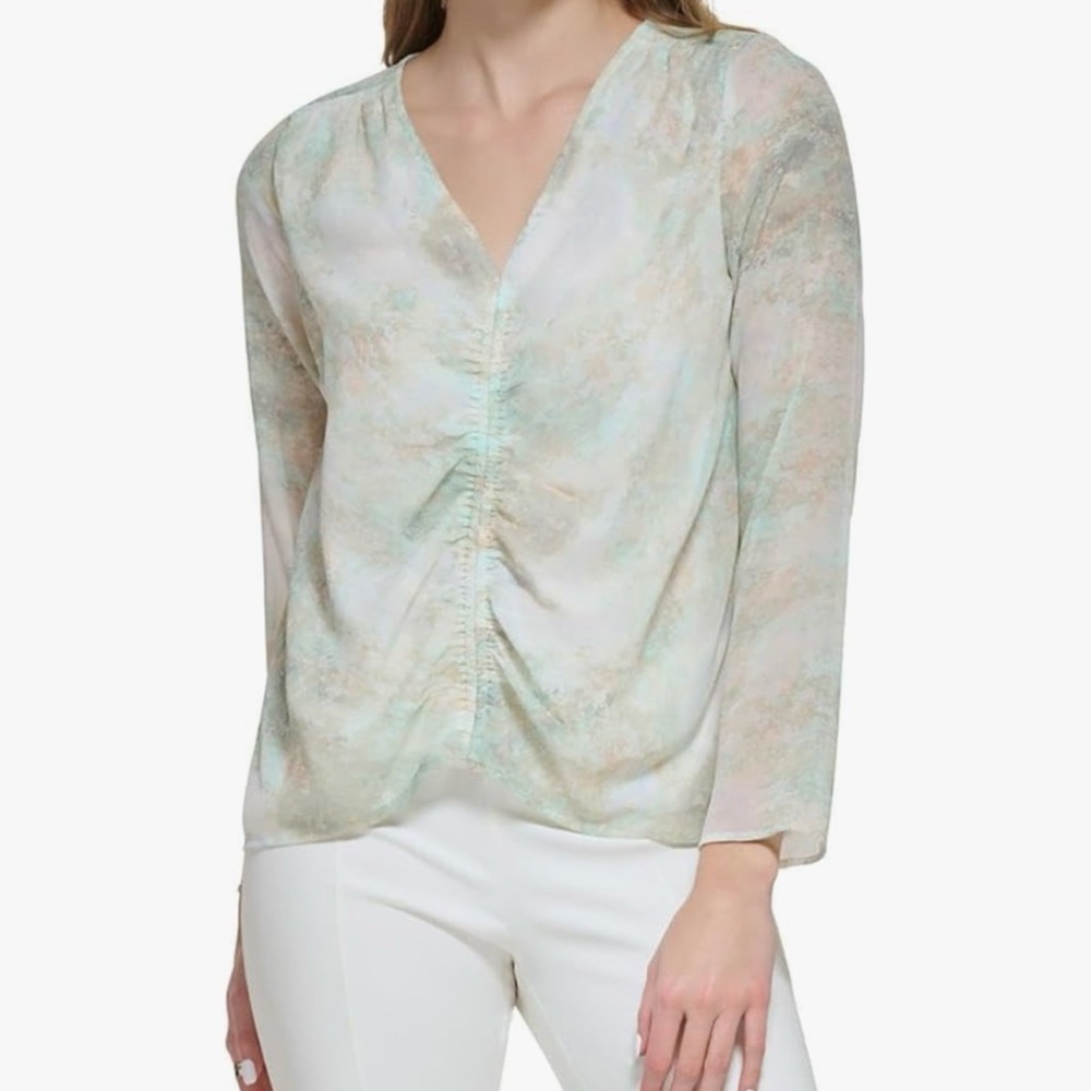 Calvin‎ Klein Ruched Blouse Women’s XL Long Sleeve V-Neck NWT